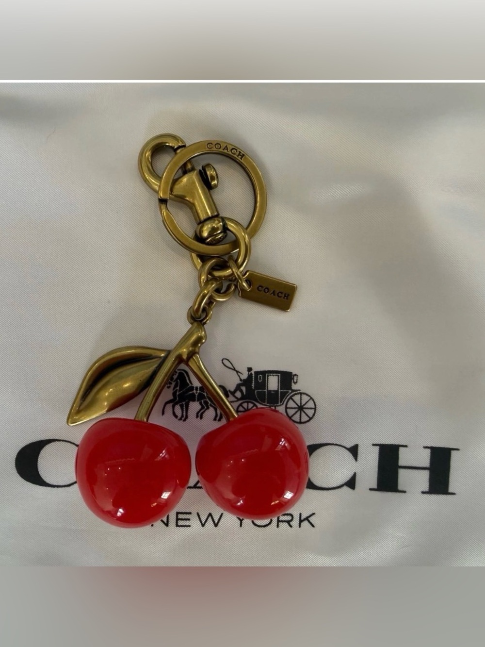Coach Red Cherry Key & Card Holder Charm with Gold Hardware